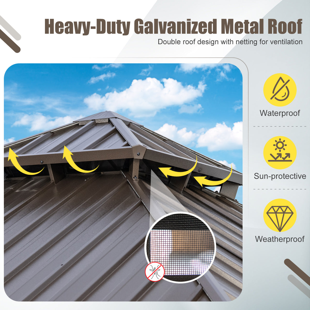 290 x 290 cm Hardtop Gazebo with Netting and Curtain and Double-Roof Metal Top-Coffee