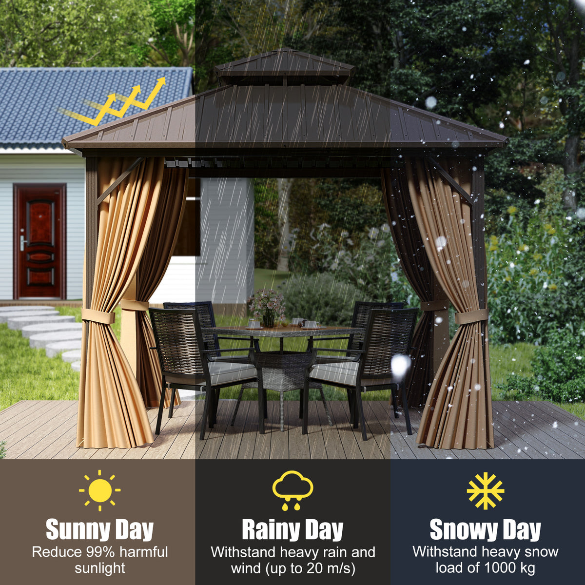 290 x 290 cm Hardtop Gazebo with Netting and Curtain and Double-Roof Metal Top-Coffee