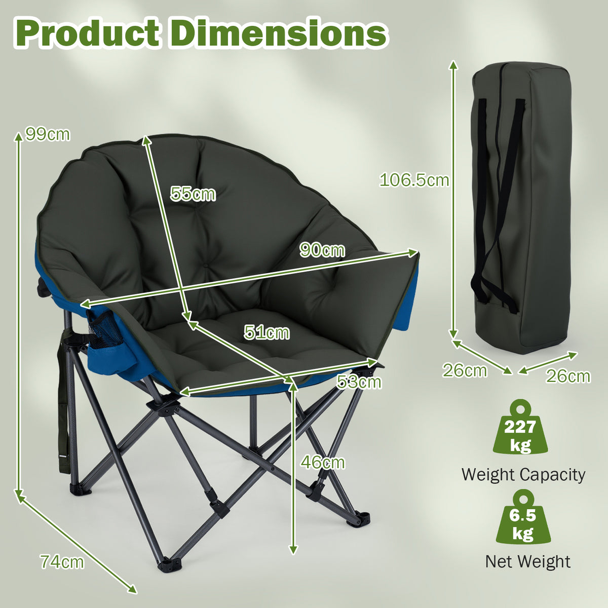 Heavy-Duty Folding Oxford Chair with Padded Seat and Cup Holder for Beach Fishing-Green