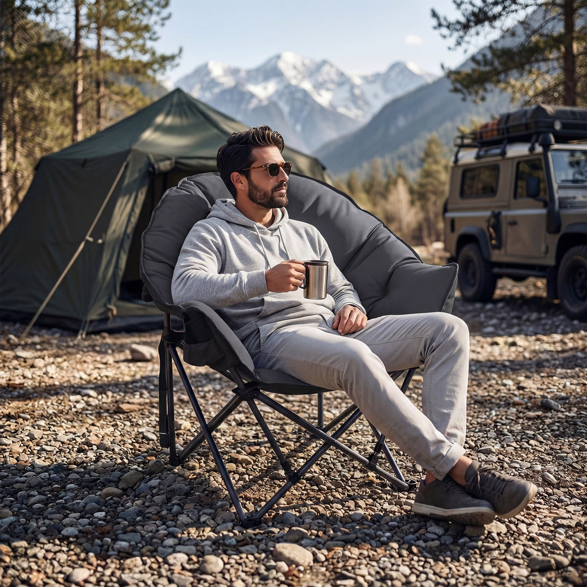 Heavy-Duty Folding Oxford Chair with Padded Seat and Cup Holder for Beach Fishing-Grey