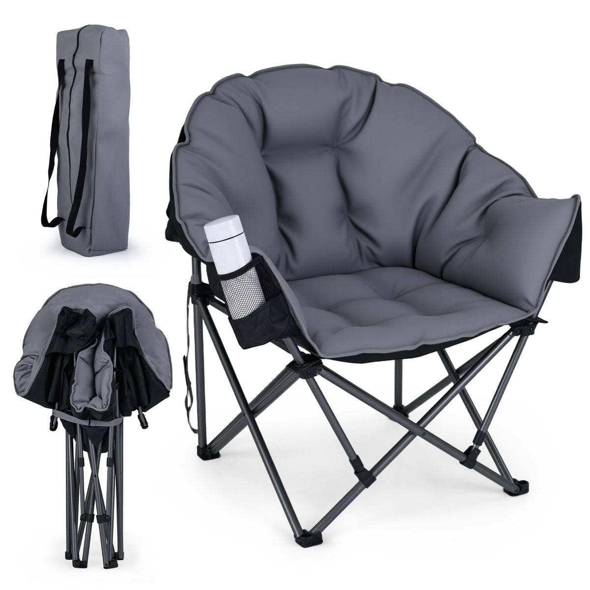 Heavy-Duty Folding Oxford Chair with Padded Seat and Cup Holder for Beach Fishing-Grey