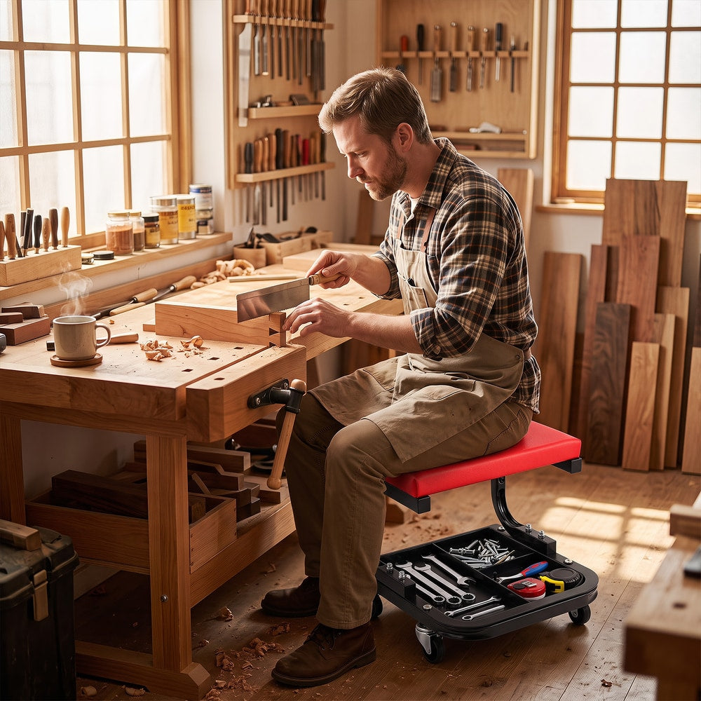 Man using the rolling stool with tool tray while working on wood in a workshop