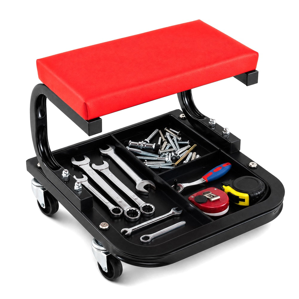Close up of the segmented tool tray on the mechanic's rolling stool filled with tools