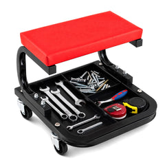 Close up of the segmented tool tray on the mechanic's rolling stool filled with tools
