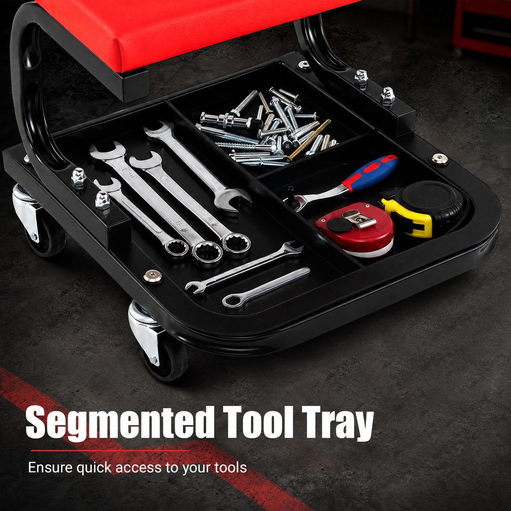 Close up of the segmented tool tray on the mechanic's rolling stool with various tools