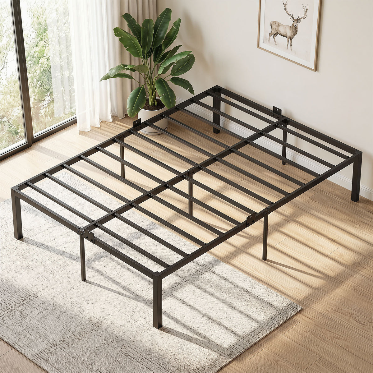 Heavy-Duty Platform Bed with Mattress Slide Stoppers and Under-bed Storage-Black