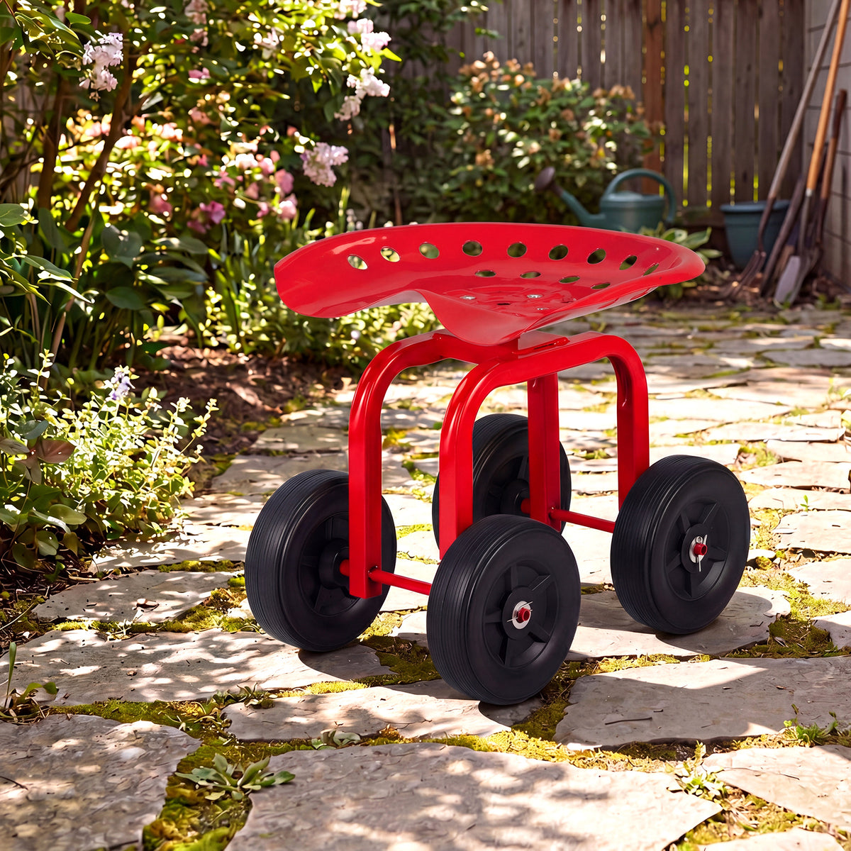 Heavy-Duty Rolling Garden Cart with Height Adjustable and Swivel Seat-Red