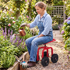 Heavy-Duty Rolling Garden Cart with Height Adjustable and Swivel Seat-Red