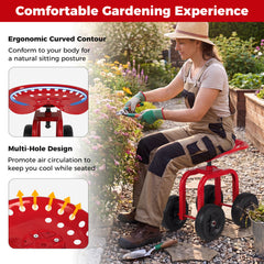 Heavy-Duty Rolling Garden Cart with Height Adjustable and Swivel Seat-Red