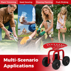 Heavy-Duty Rolling Garden Cart with Height Adjustable and Swivel Seat-Red