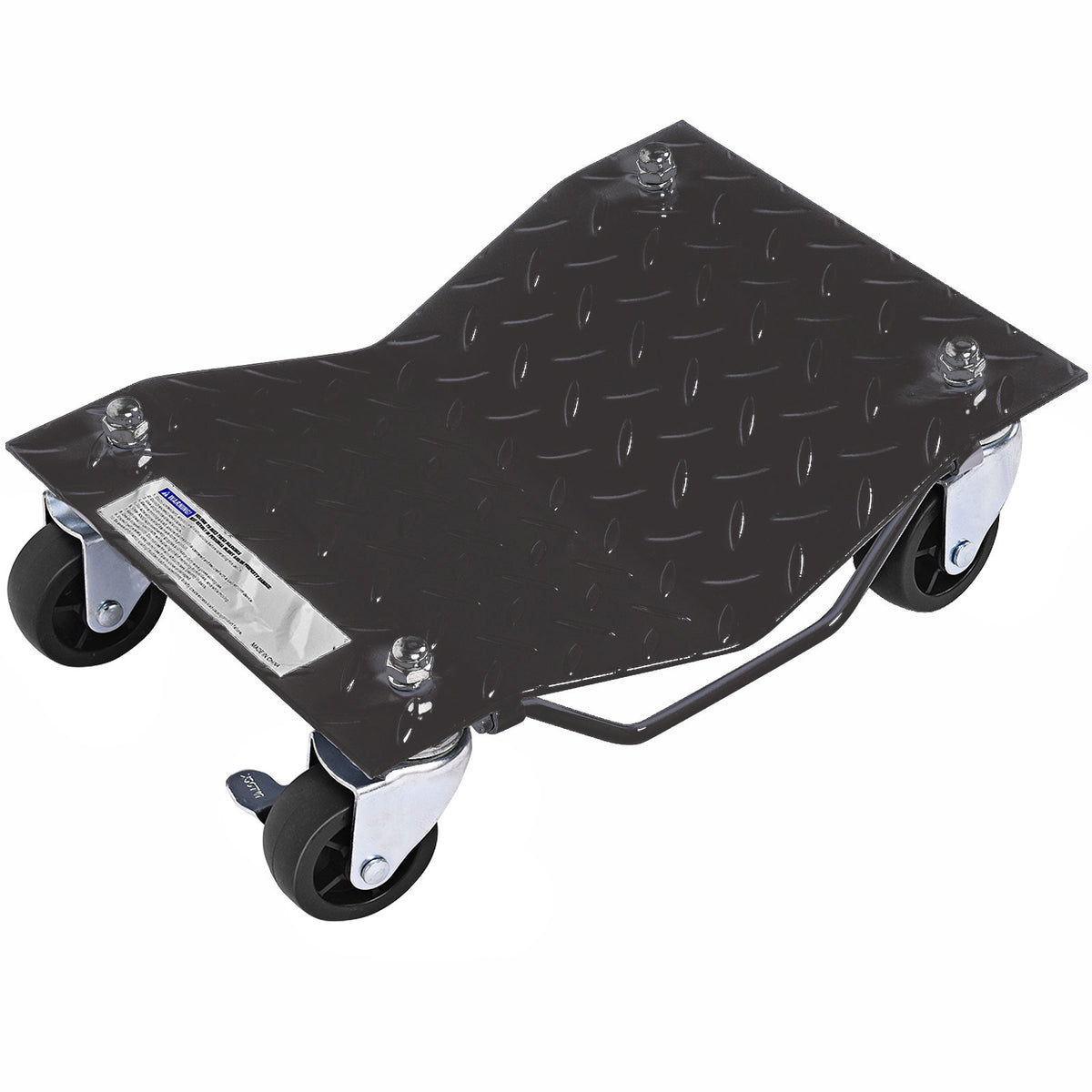 The garage dolly shown from an elevated angle with a clear view of the locking caster