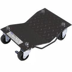 The garage dolly shown from an elevated angle with a clear view of the locking caster