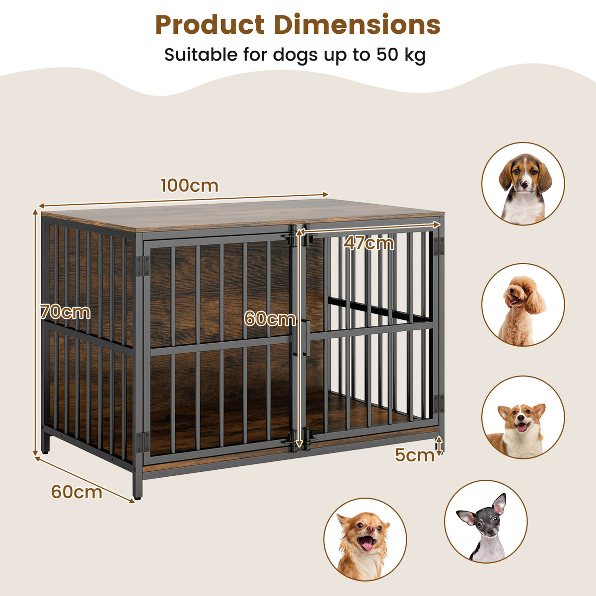 Heavy-duty Dog Crate Furniture with Dual Lockable Double Doors-Rustic Brown