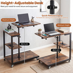 Height Adjustable C Table with Charging Station & Tiltable Top and Wheels-Rustic Brown