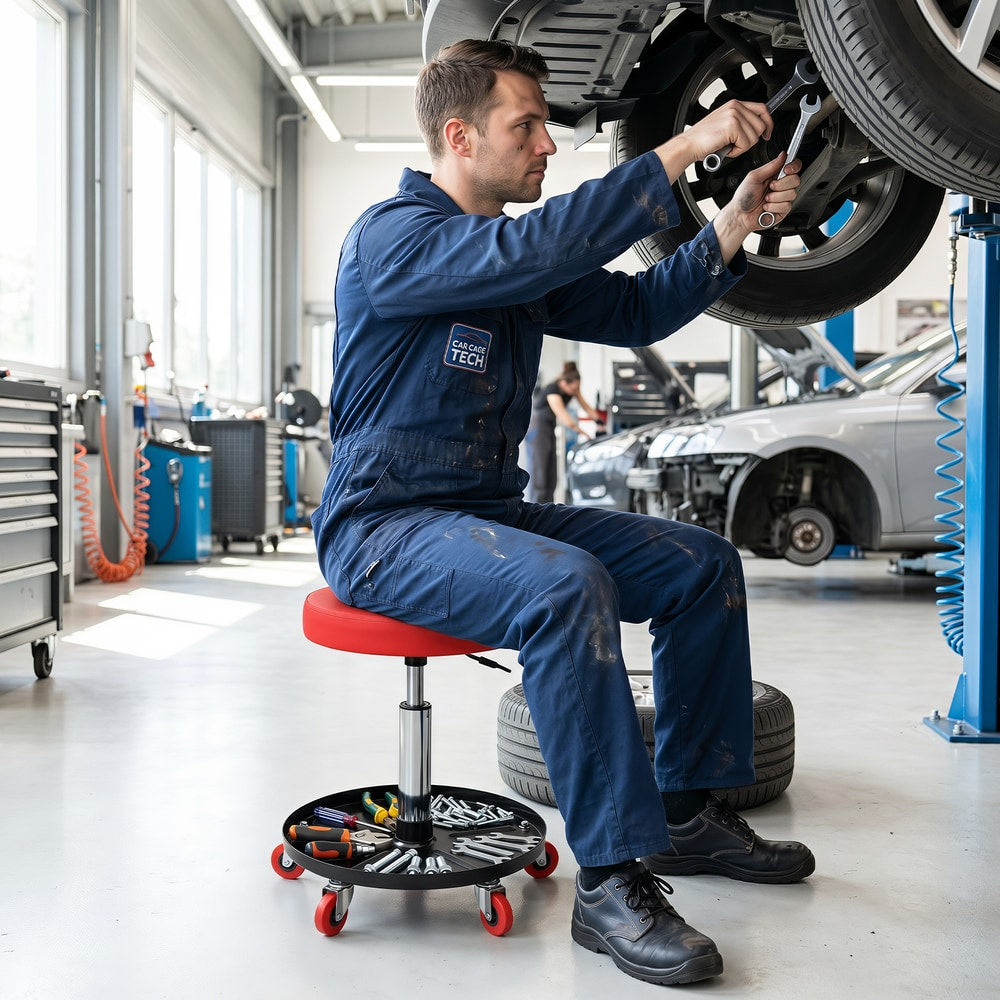 Mechanic using the red garage stool with wheels while working under a car