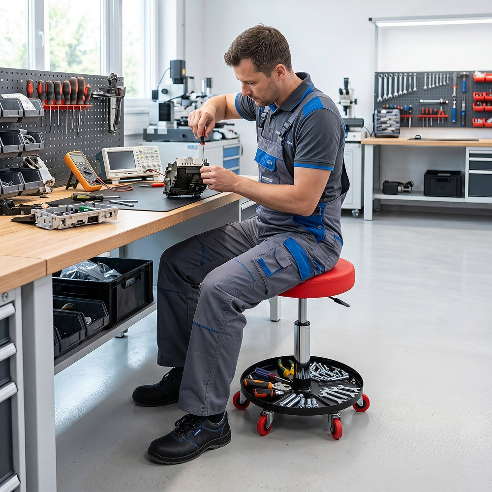 Man sitting on the red mechanic stool with storage tray at a workbench