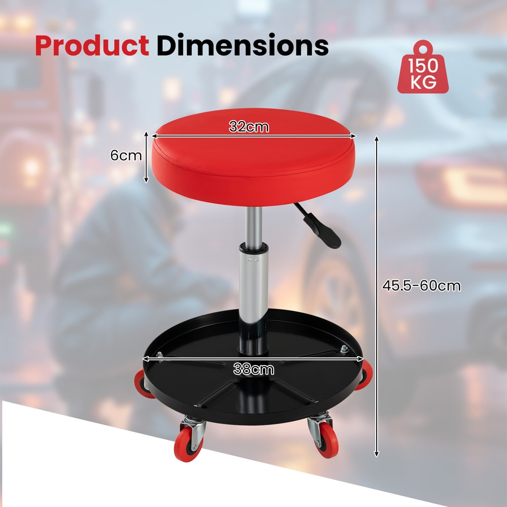 Diagram showing the dimensions of the red mechanic stool with wheels
