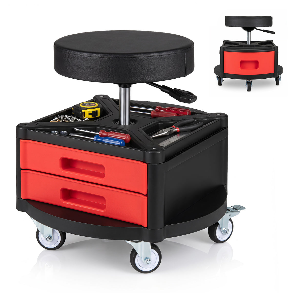 Red rolling mechanic stool with two drawers and a cushioned seat