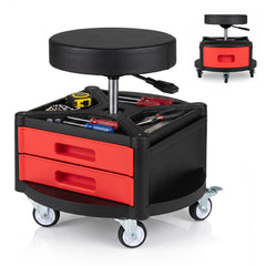 Red rolling mechanic stool with two drawers and a cushioned seat
