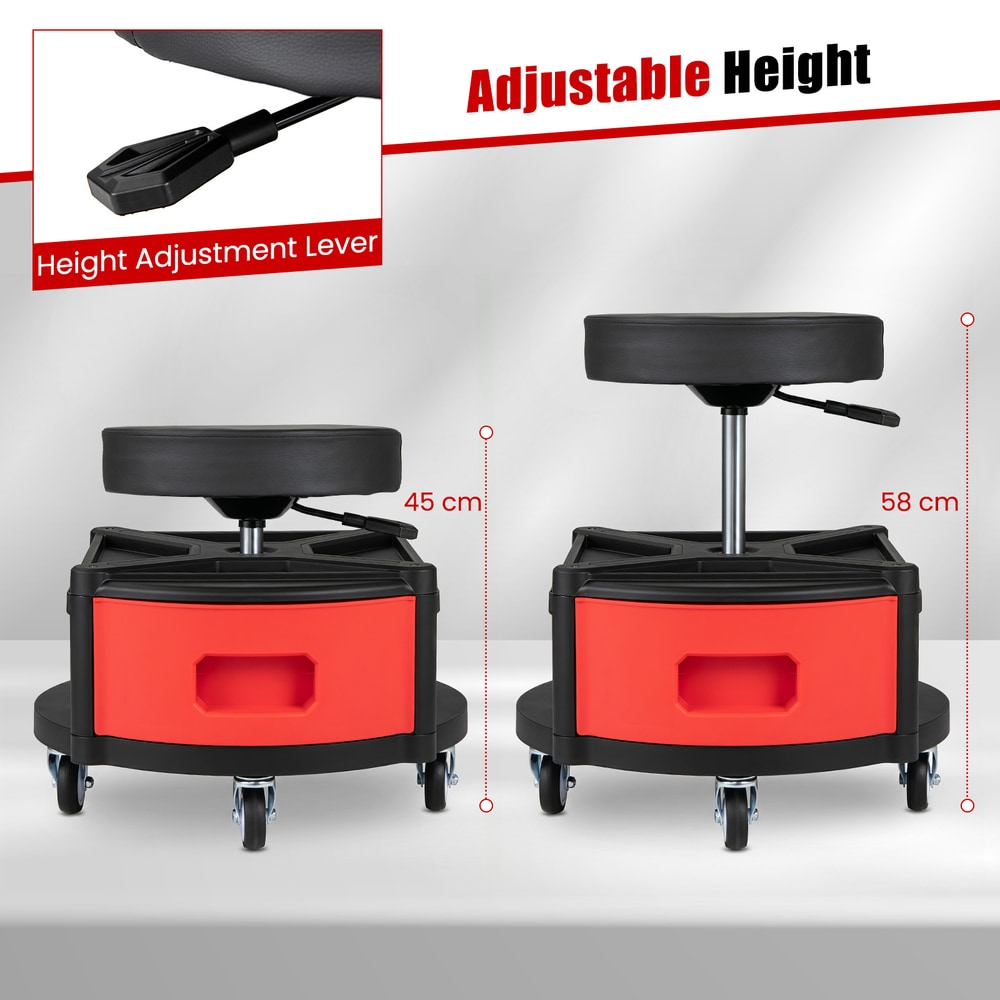 Adjustable height of the red rolling mechanic stool