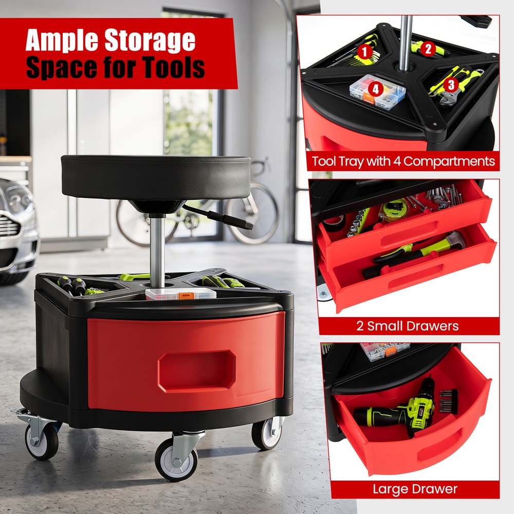 Storage compartments of the red rolling mechanic stool