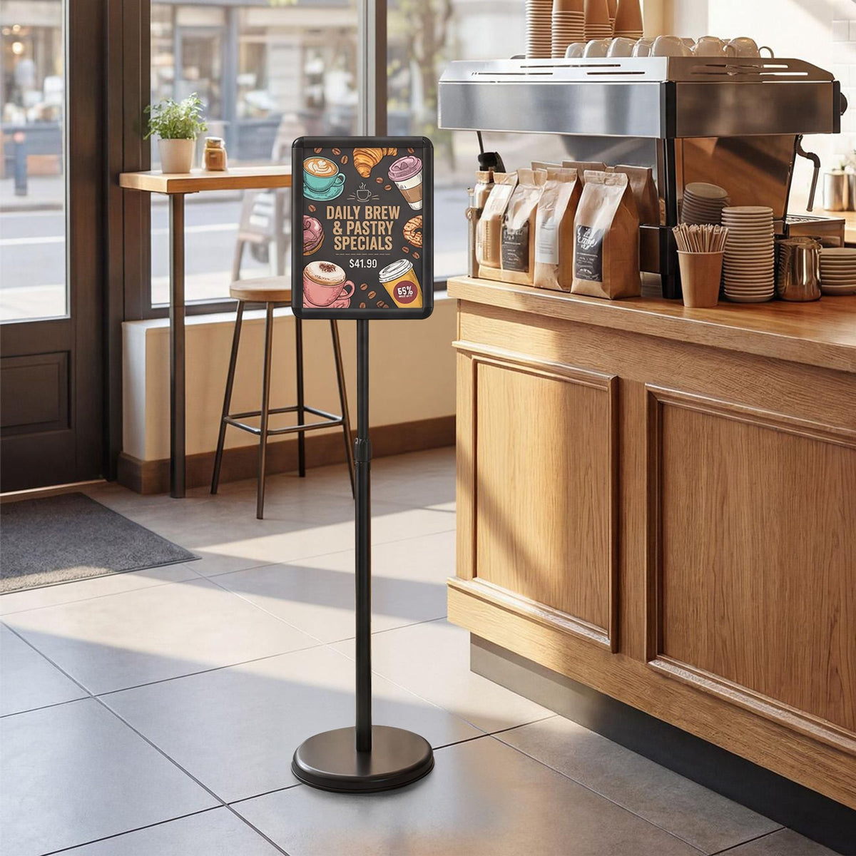 Height Adjustable Sign Holder Stand with Snap-Open Frame-Black