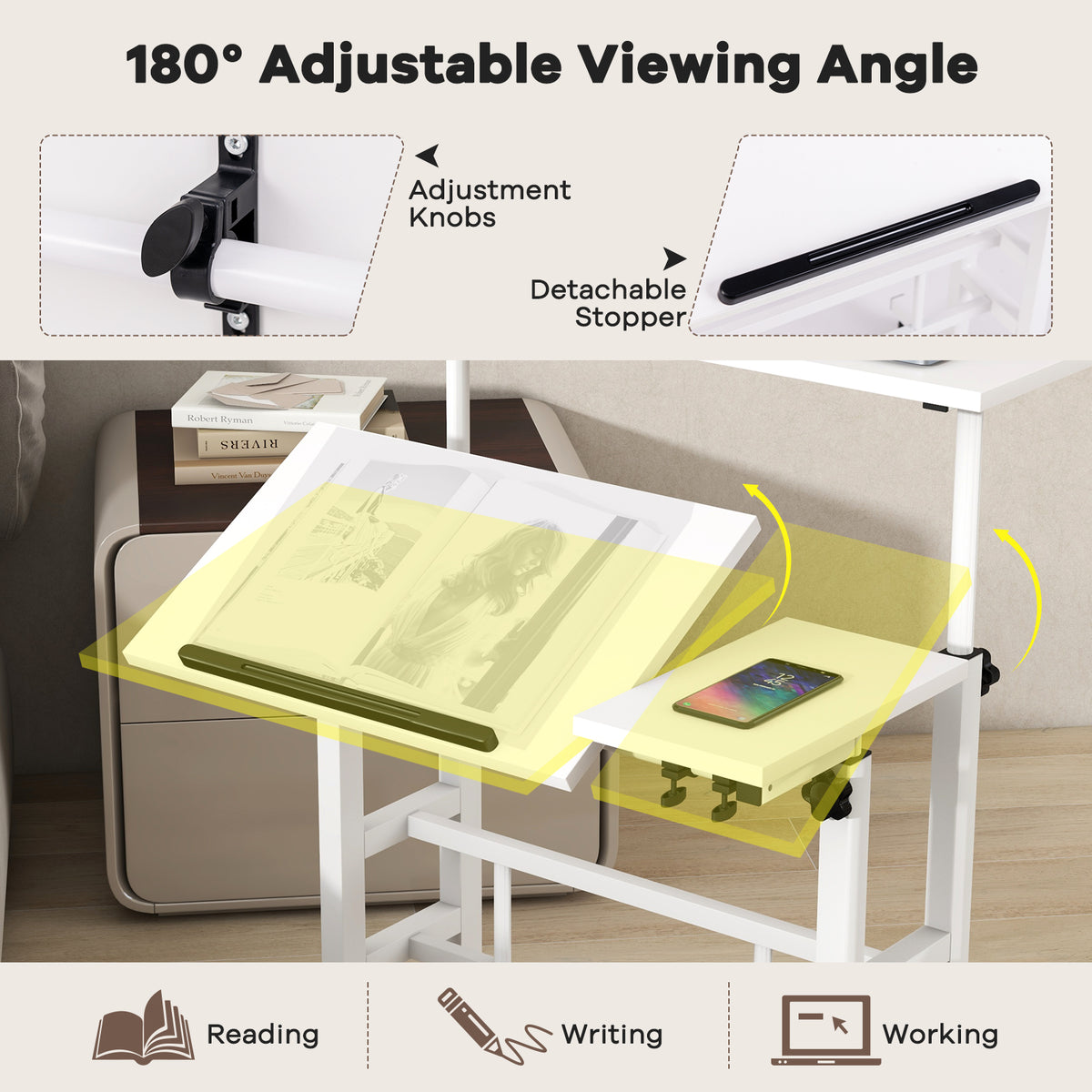 Height Adjustable Workstation with Wheels for Standing or Sitting-White