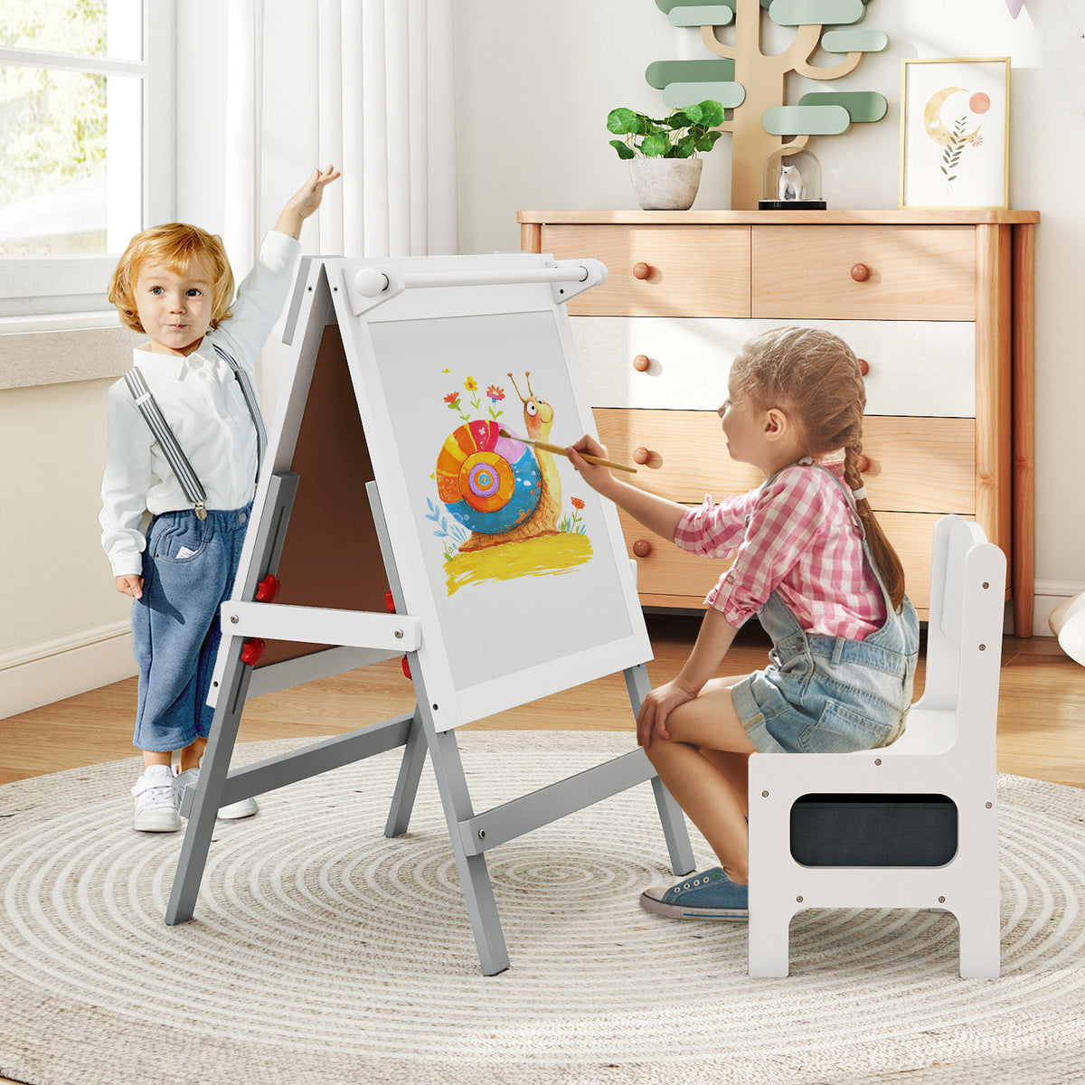 Height-adjustable Painting Easel with Chalkboard and Paper Holder-White