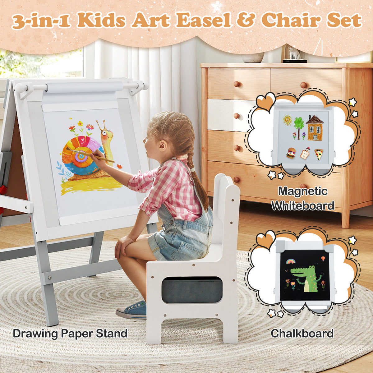 Height-adjustable Painting Easel with Chalkboard and Paper Holder-White
