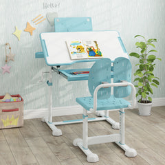 Height-Adjustable Kid's Study Desk and Chair Set with Tilt Desktop and Footrest Bar-Blue