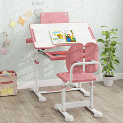 Height-Adjustable Kid's Study Desk and Chair Set with Tilt Desktop and Footrest Bar-Pink