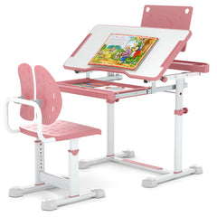 Height-Adjustable Kid's Study Desk and Chair Set with Tilt Desktop and Footrest Bar-Pink