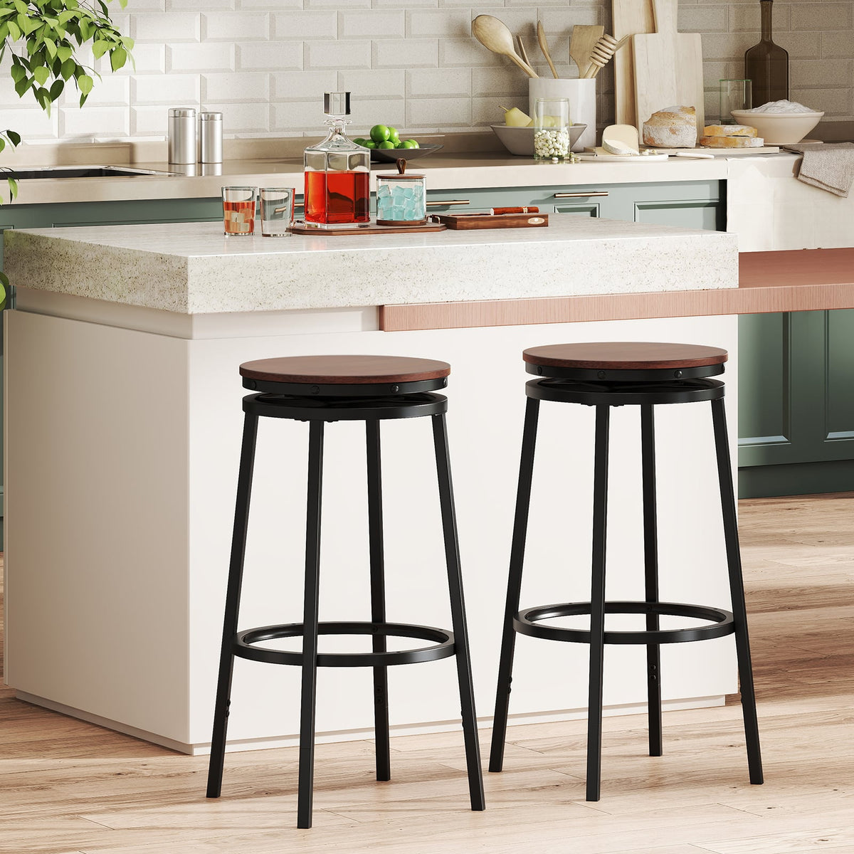 360° Swivel Bar Stools Set of 2 Height Adjustable Kitchen Stools for Kitchen Island-Brown