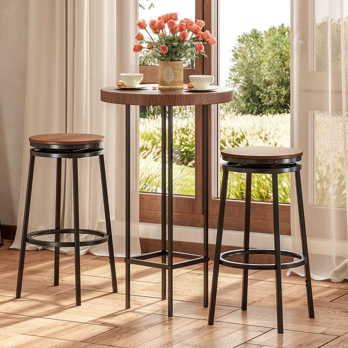 360° Swivel Bar Stools Set of 2 Height Adjustable Kitchen Stools for Kitchen Island-Brown