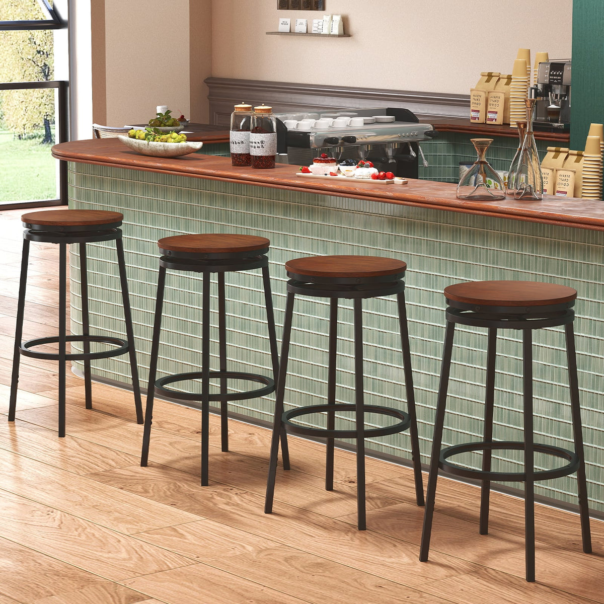 360° Swivel Bar Stools Set of 2 Height Adjustable Kitchen Stools for Kitchen Island-Brown