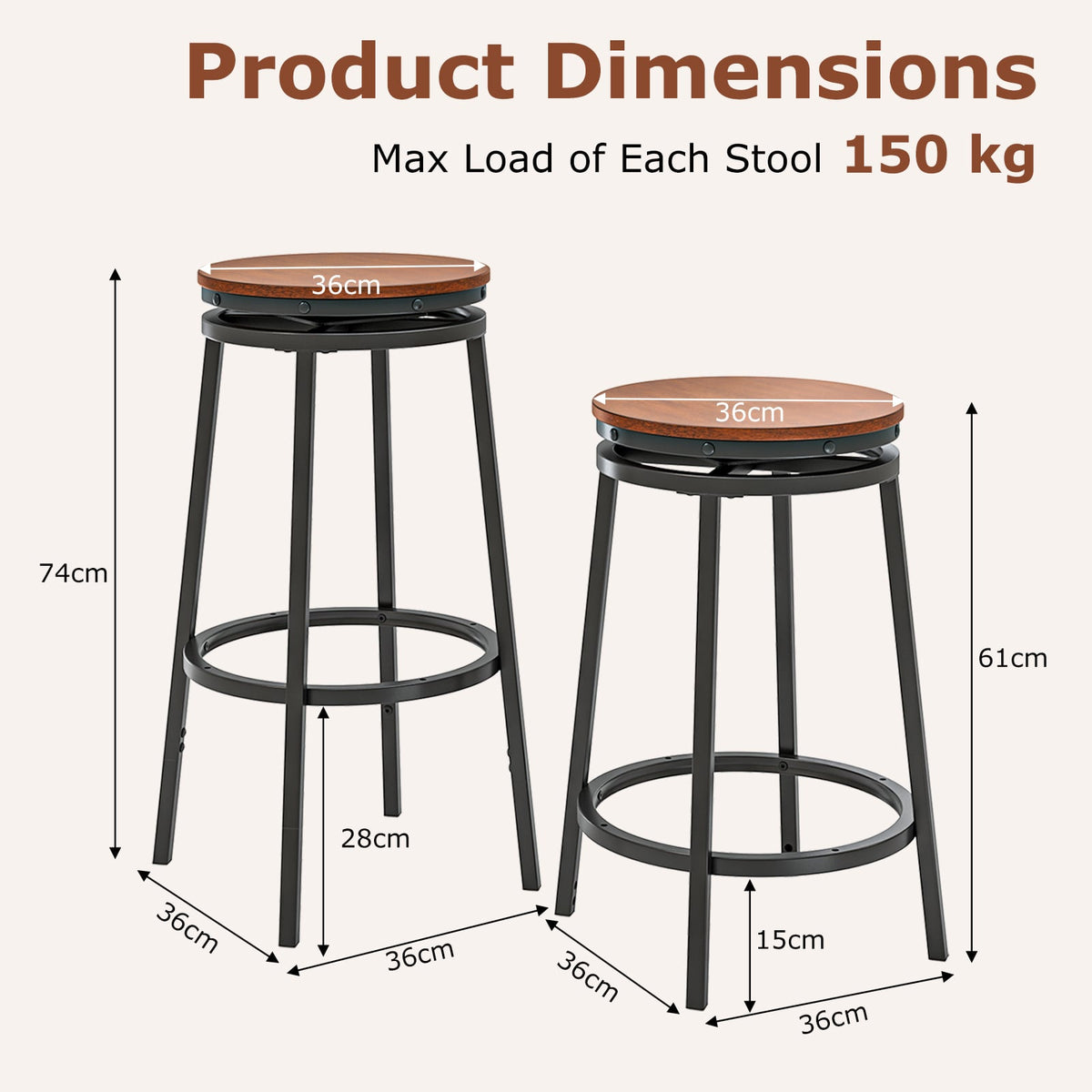 360° Swivel Bar Stools Set of 2 Height Adjustable Kitchen Stools for Kitchen Island-Brown