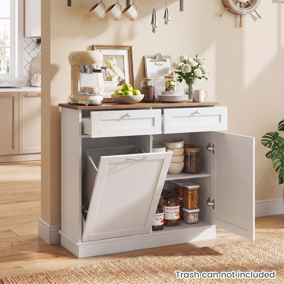 Hidden Tilt Out Trash Bin Cabinet with Shelves Wooden Storage Organizer for Kitchen-White
