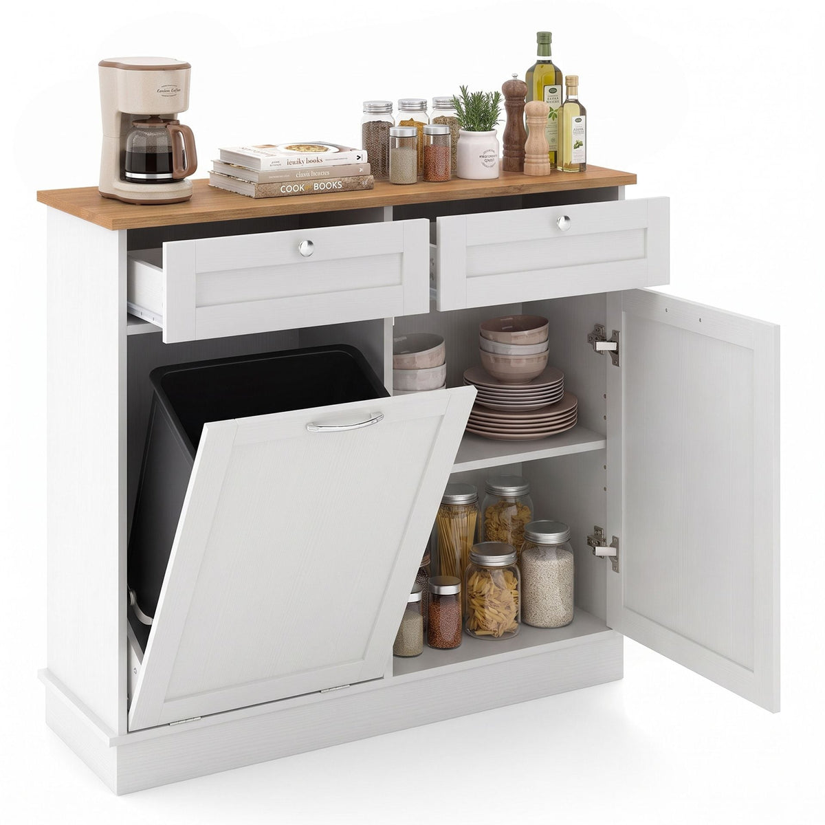 Hidden Tilt Out Trash Bin Cabinet with Shelves Wooden Storage Organizer for Kitchen-White