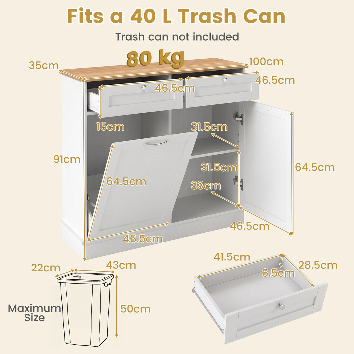 Hidden Tilt Out Trash Bin Cabinet with Shelves Wooden Storage Organizer for Kitchen-White