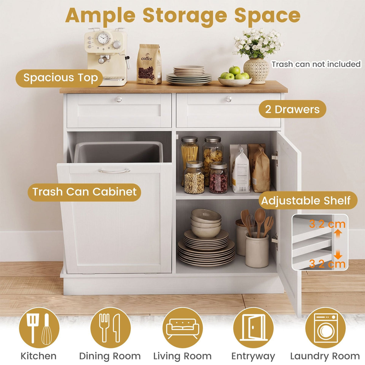 Hidden Tilt Out Trash Bin Cabinet with Shelves Wooden Storage Organizer for Kitchen-White