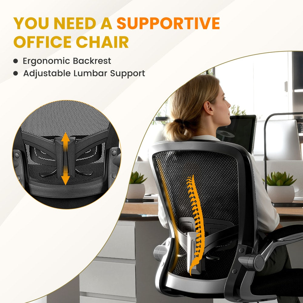 Close-up of the adjustable lumbar support on the mesh office chair