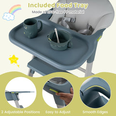 The high chair tray with close-up details of the adjustable locking mechanism