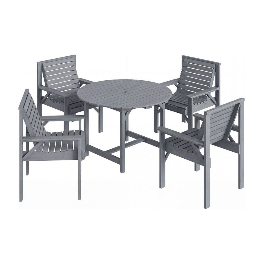 Outsunny 5 Pieces Garden Dining Set with Parasol Hole, Round Outdoor Table and Chairs, 4 Seater Wooden Garden Furniture, Grey