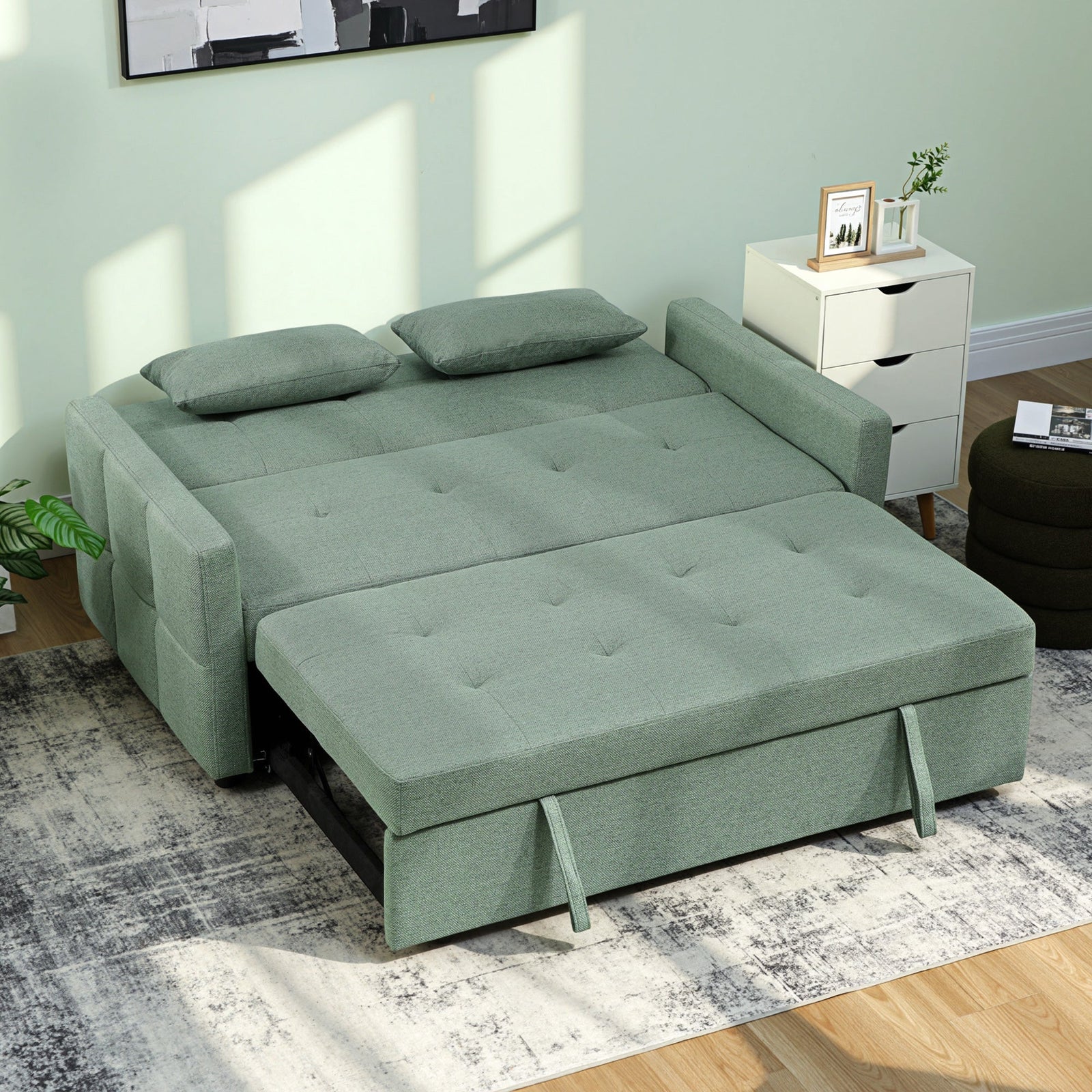 HOMCOM Three-Way 2 Seater Sofa Bed with Three-position back and Two Soft Pillows - Green