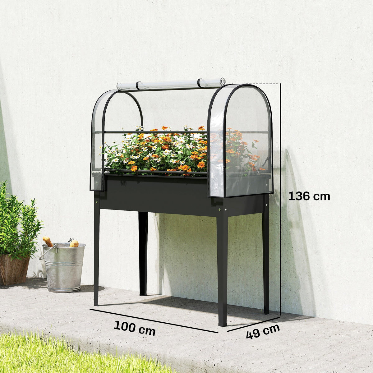 Outsunny Raised Planter with Flip-Up Greenhouse Cover, Metal Raised Garden Bed on Legs with Drainage Hole, Black