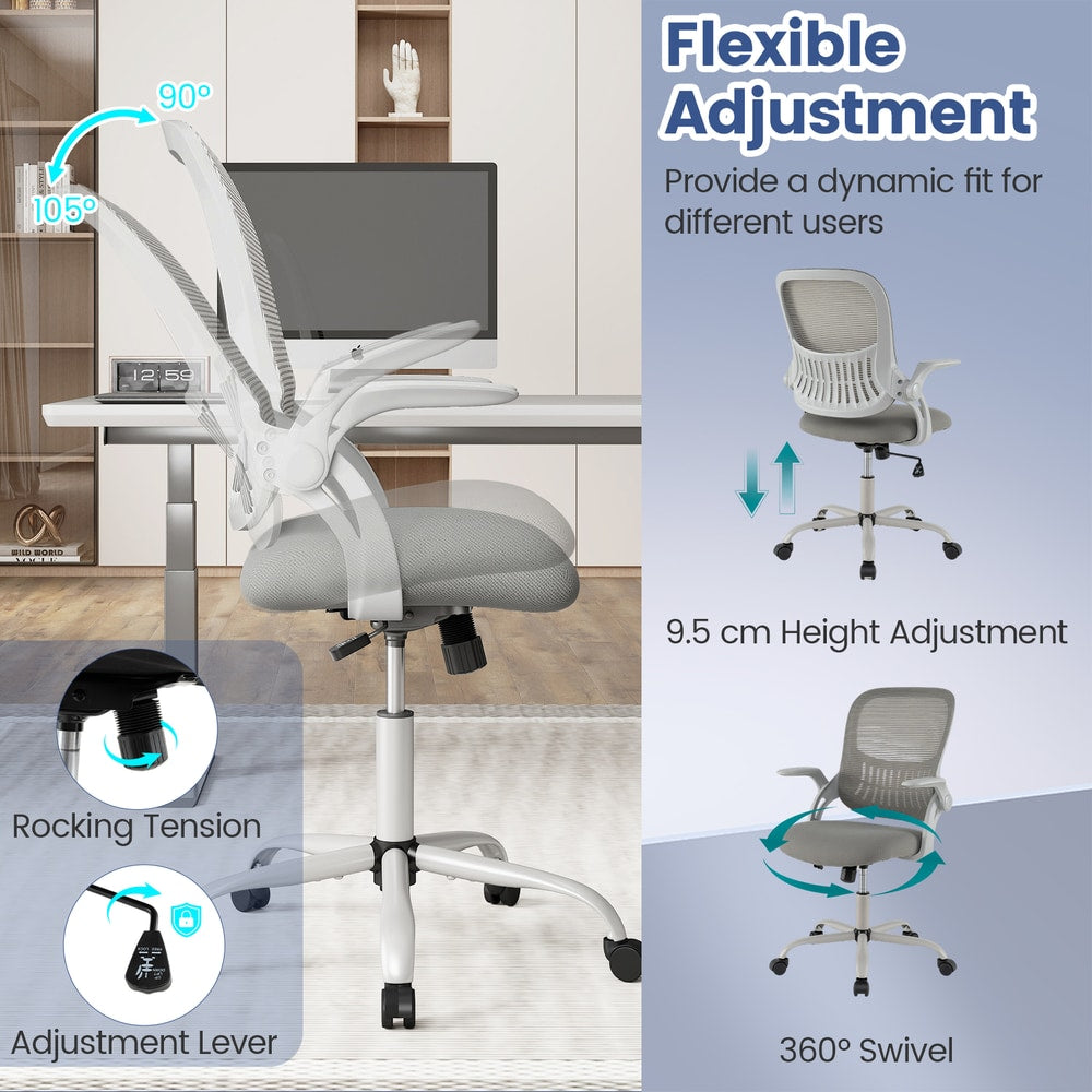The office chair showing the height adjustment, swivel and rocking tension