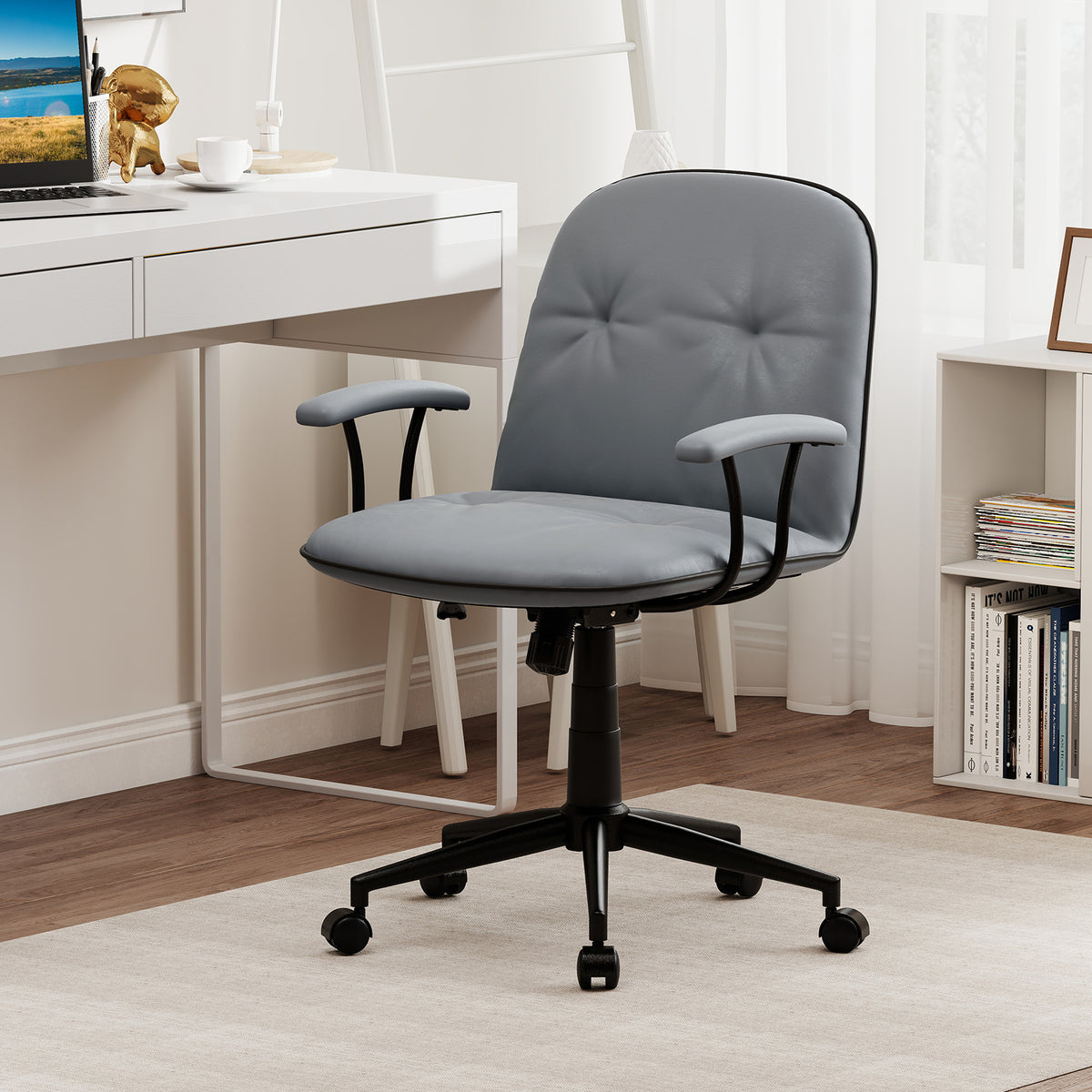 Home Office Desk Chair PU Leather Makeup Vanity Chair with Adjustable Height and Rocking Function-Grey