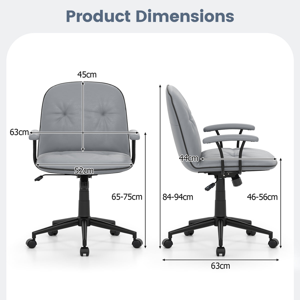 Home Office Desk Chair PU Leather Makeup Vanity Chair with Adjustable Height and Rocking Function-Grey