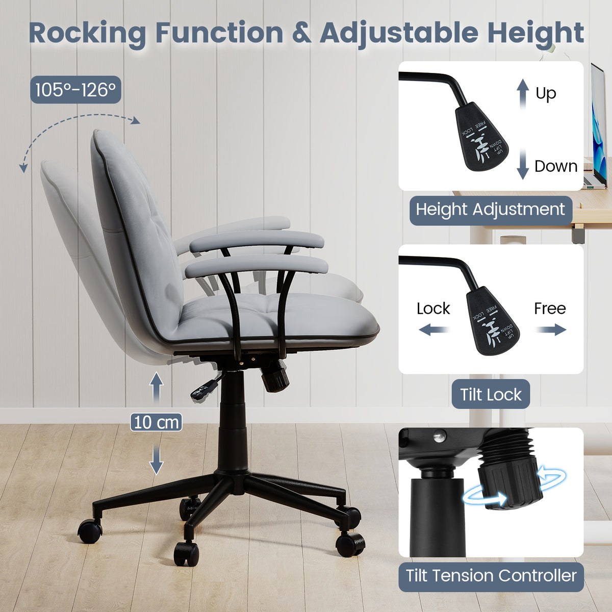Home Office Desk Chair PU Leather Makeup Vanity Chair with Adjustable Height and Rocking Function-Grey