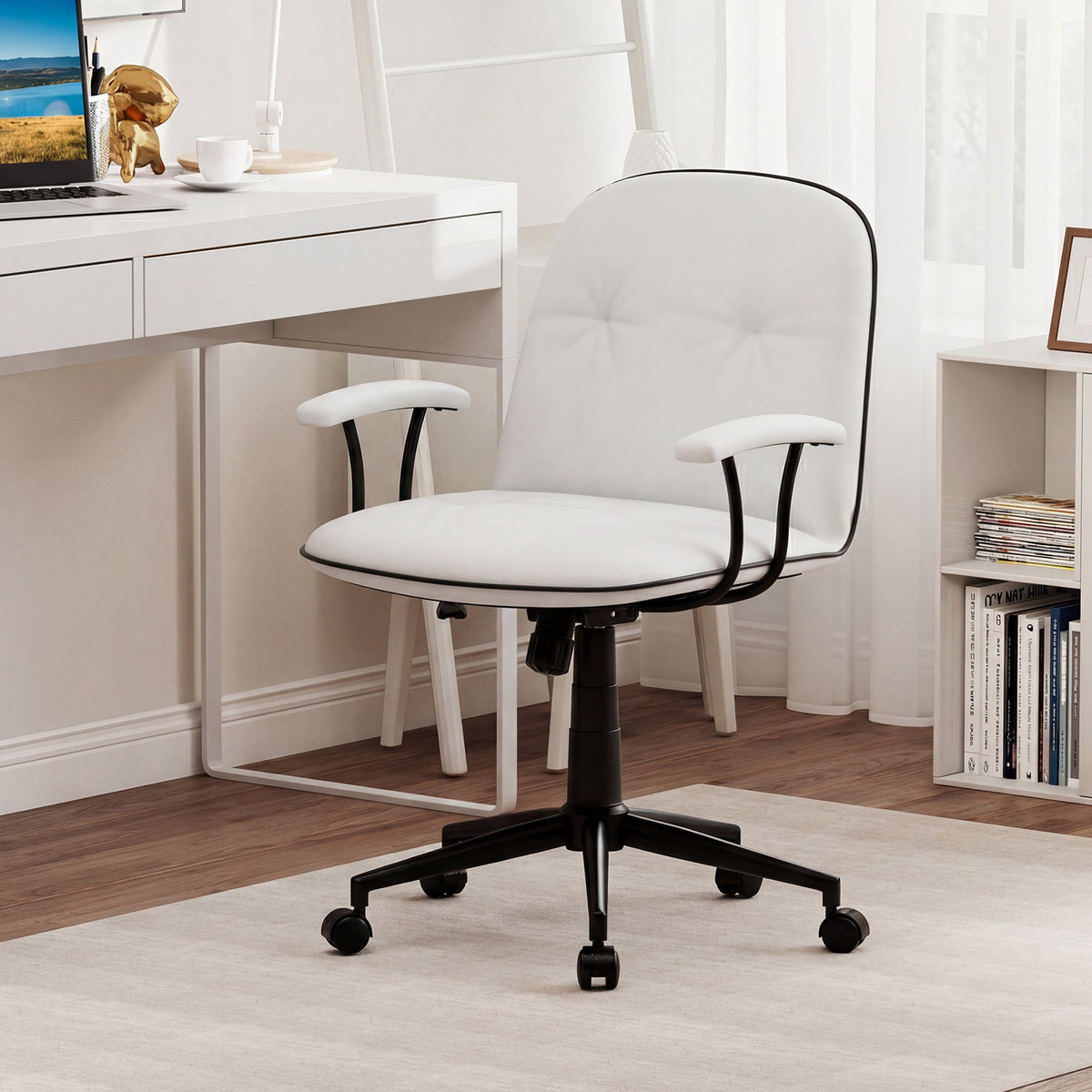 Home Office Desk Chair PU Leather Makeup Vanity Chair with Adjustable Height and Rocking Function-White